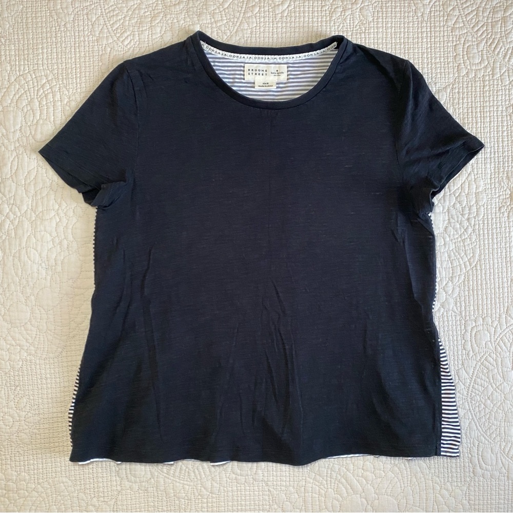KATE SPADE Broome Street Black Short Sleeve Striped Ruffle Back T-shirt Medium - Picture 2 of 9
